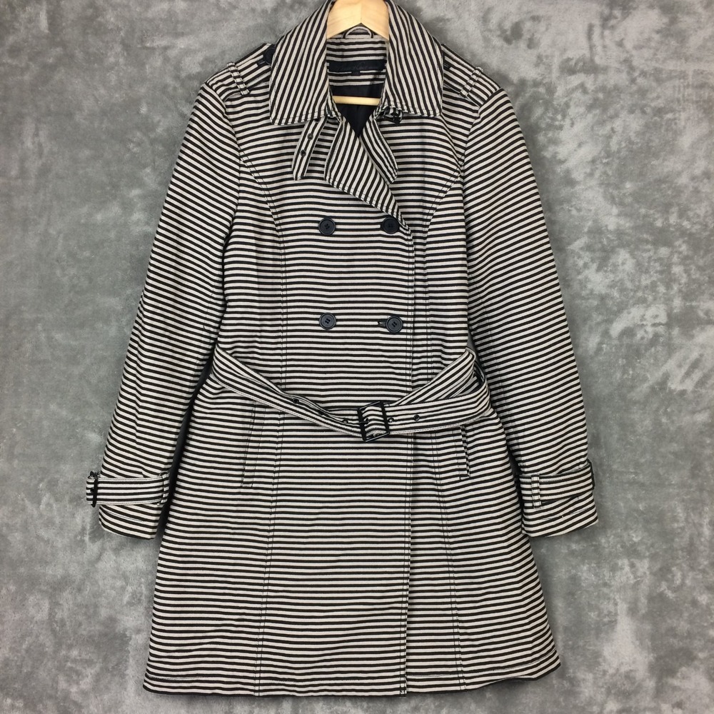 Kenneth Cole Trench Coat Womens Large Striped‎ Classic Double Breasted
